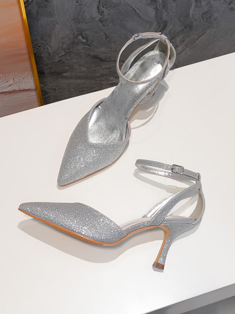 Damen-partyschuhe Mit Hohem Absatz Goldfarben Spitze Zehenpartie Strasssteine Abschlussballschuhe - Silber