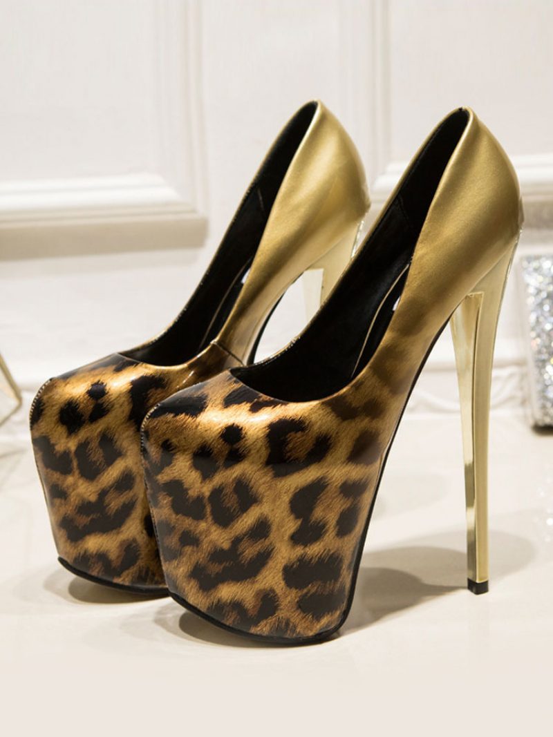 Damen Plateauschuhe High Heels Sliver Square Toe Leopard Print Sexy Schuhe - Gold