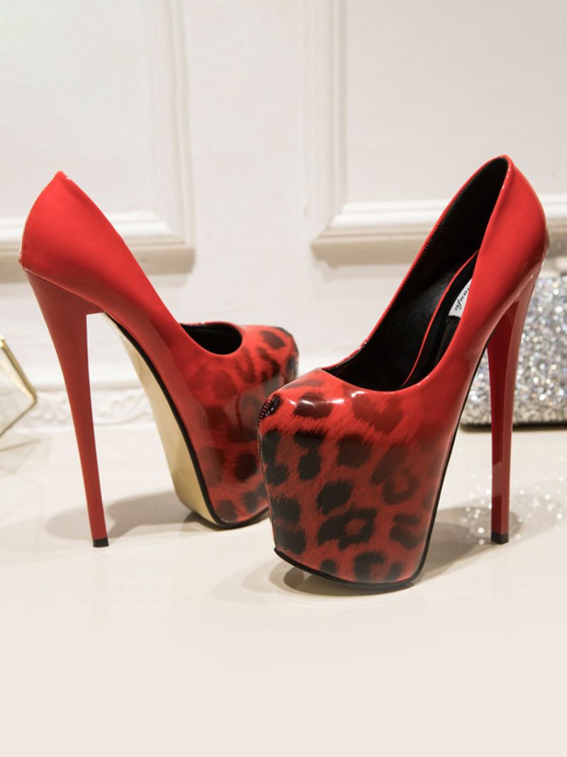 Damen Plateauschuhe High Heels Sliver Square Toe Leopard Print Sexy Schuhe - Rot