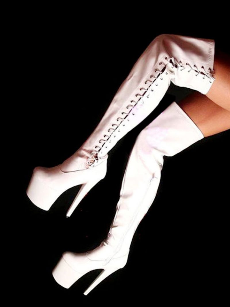 Damen-pole-dance-schuhe Sexy High-heel-stiefel Runde Zehen Schnürung Reißverschluss Stiletto-absatz Rave-club Rote Oberschenkel-hohe Stiefel Stripper-stiefel Stripper-schuhe - Weiß