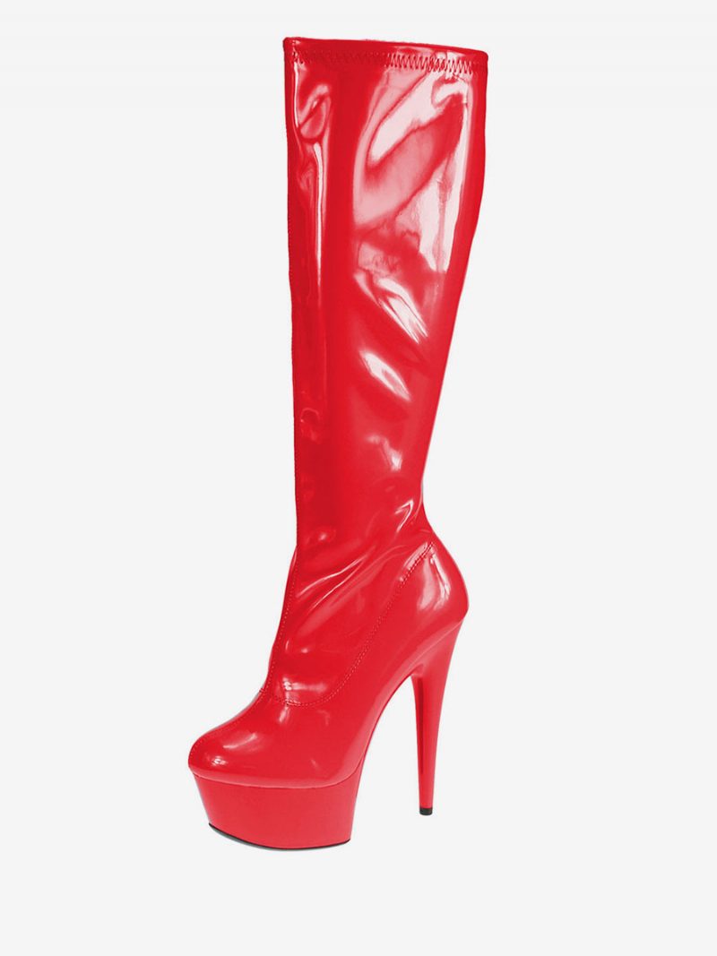 Damen Pole Tanzschuhe Blau Sexy Stiefel High Heel Round Toe Plateau Mittelkalb Stripper Schuhe - Rot