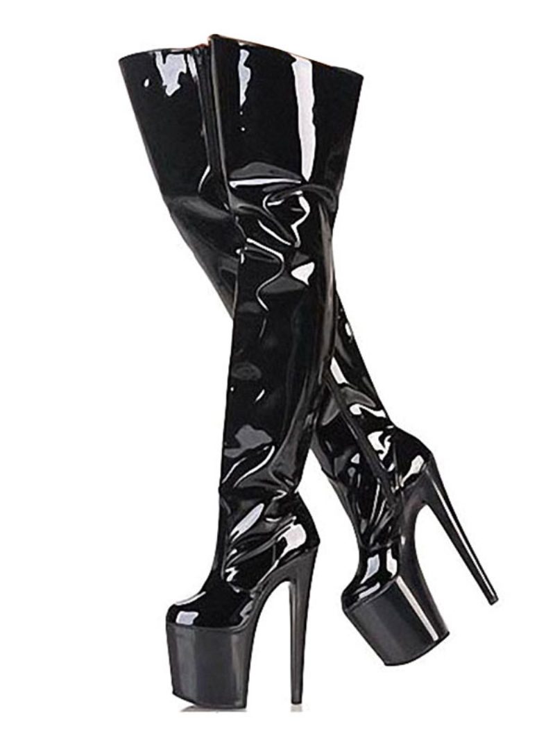 Damen Pole Tanzschuhe Sexy High Heel Stiefel Round Toe Plateau Stiletto Rave Club Schwarz Oberschenkelhohe Stripper Schuhe