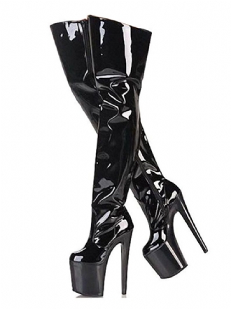 Damen Pole Tanzschuhe Sexy High Heel Stiefel Round Toe Plateau Stiletto Rave Club Schwarz Oberschenkelhohe Stripper Schuhe