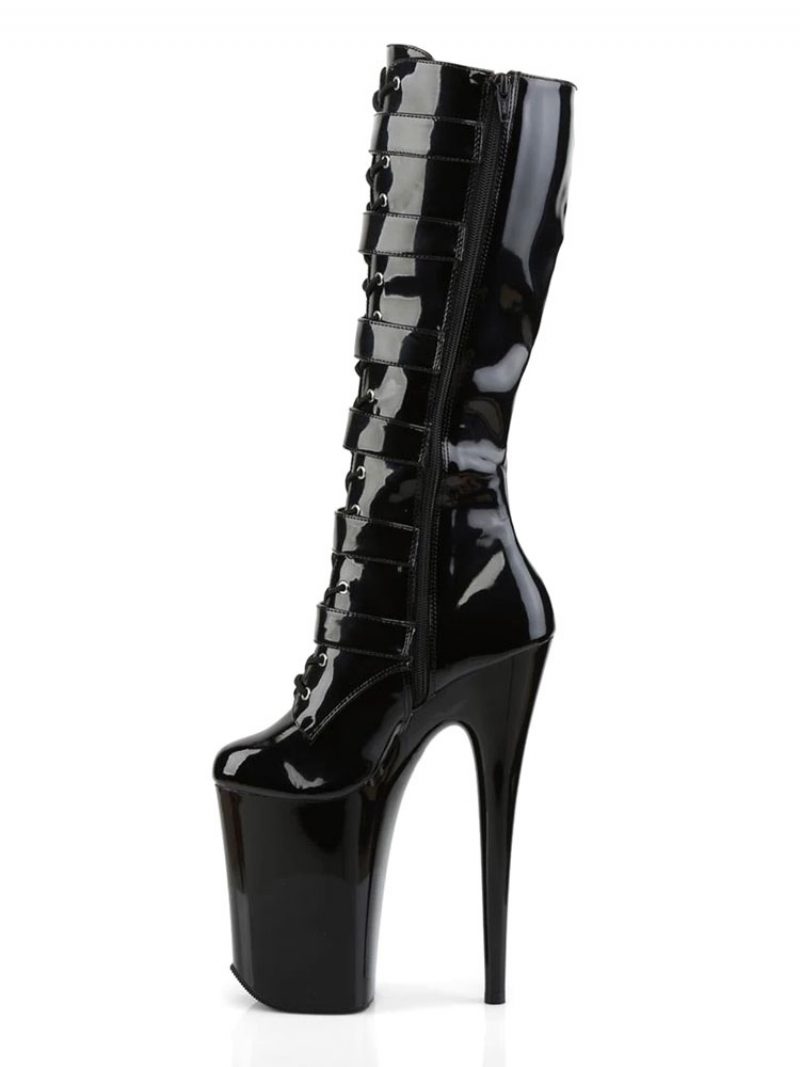 Damen Pole Tanzschuhe Sexy High Heel Stiefel Round Toe Reißverschluss Stiletto Rave Club Schwarz Overknee Stripper Schuhe - Schwarz