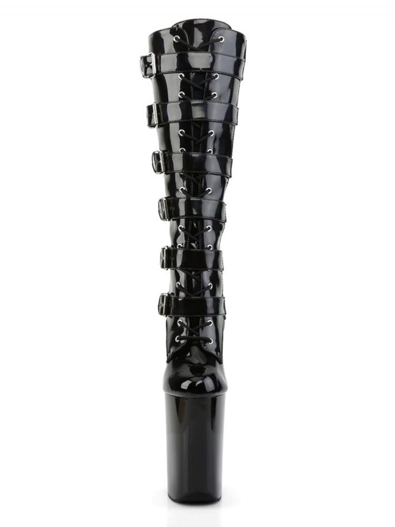 Damen Pole Tanzschuhe Sexy High Heel Stiefel Round Toe Reißverschluss Stiletto Rave Club Schwarz Overknee Stripper Schuhe - Schwarz