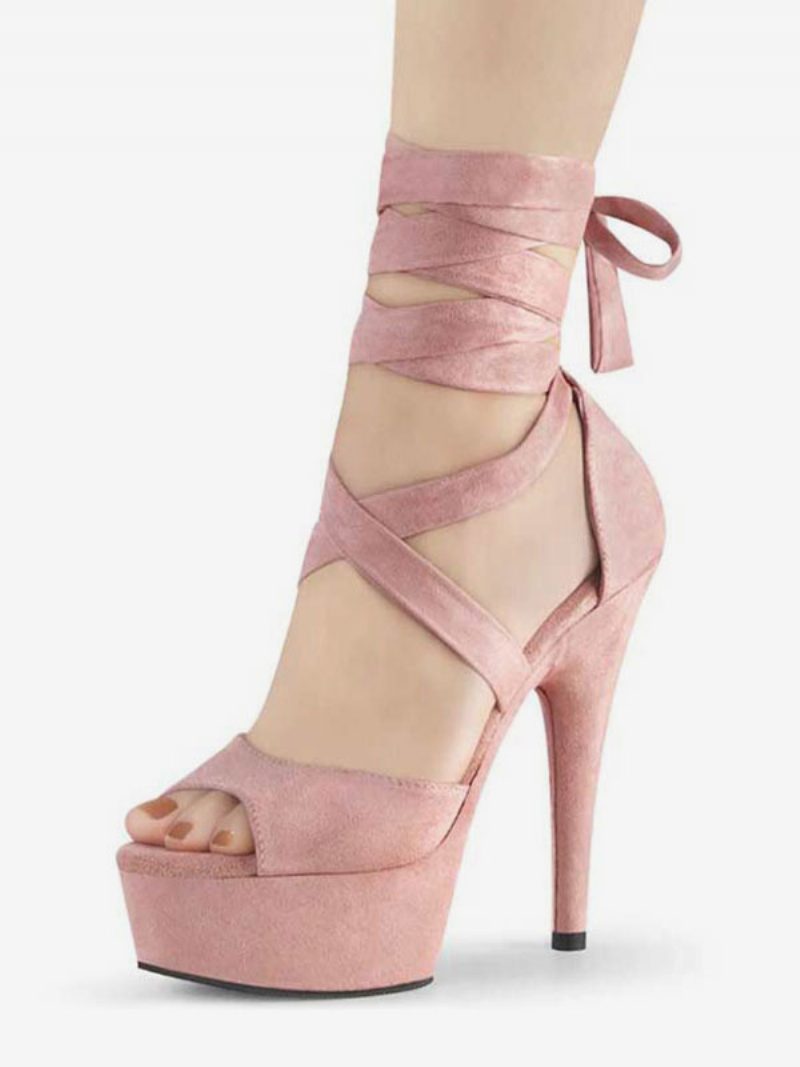 Damen-riemchen-plateau-sandalen Mit Stiletto-absatz Aus Rosa Wildleder