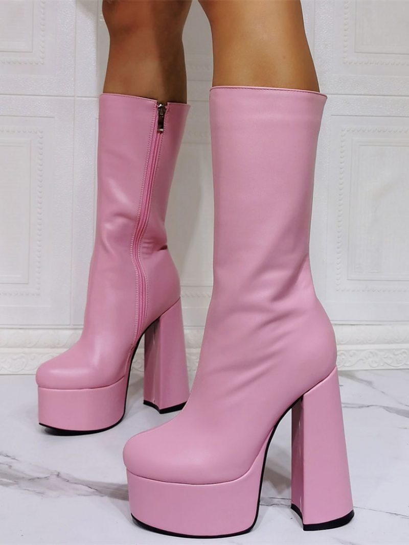 Damen Sexy Plateaustiefel Mit Klobigem Absatz Und Mittlerer Wade Schwarz - Rosa