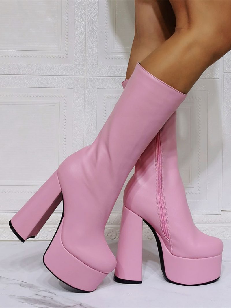 Damen Sexy Plateaustiefel Mit Klobigem Absatz Und Mittlerer Wade Schwarz - Rosa