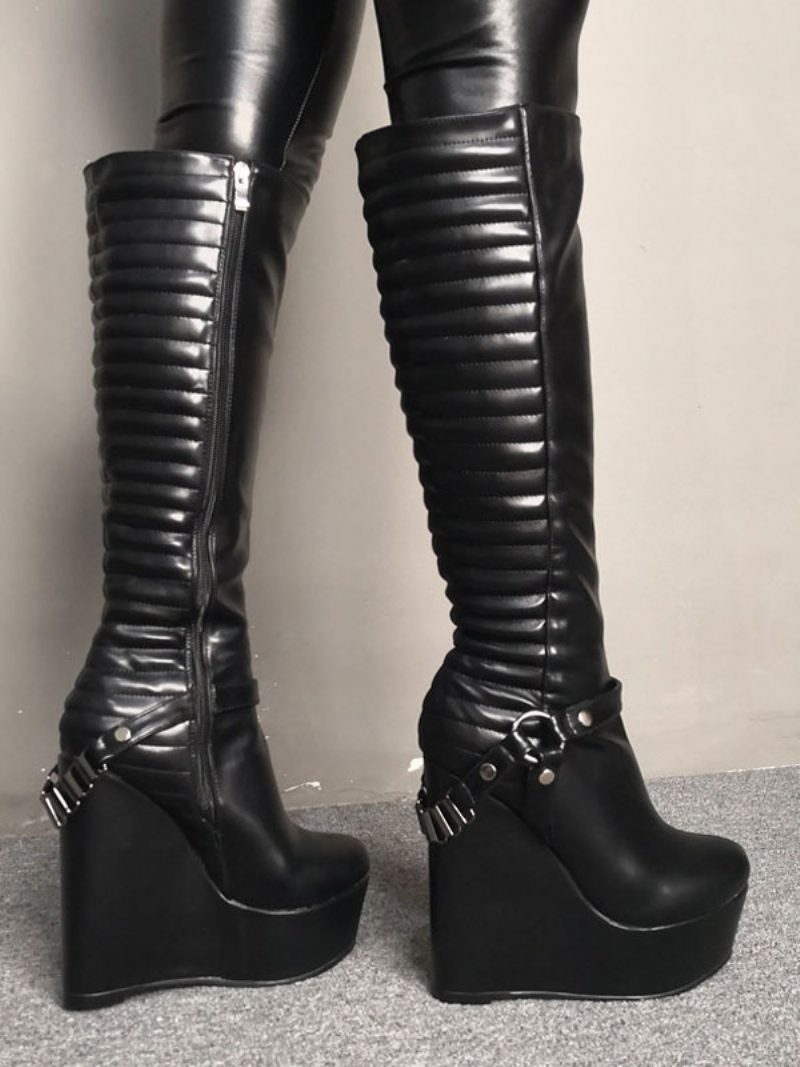 Damen Sexy Stiefel Plateau Keilabsatz Rave Club Schwarz Knielange - Schwarz