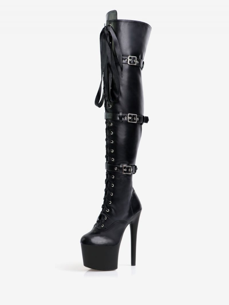 Damen Sexy Stiefel Runde Zehen Reißverschluss Geometrischer Stiletto-absatz Ball Schwarze Oberschenkel Hohe Overknee-stiefel