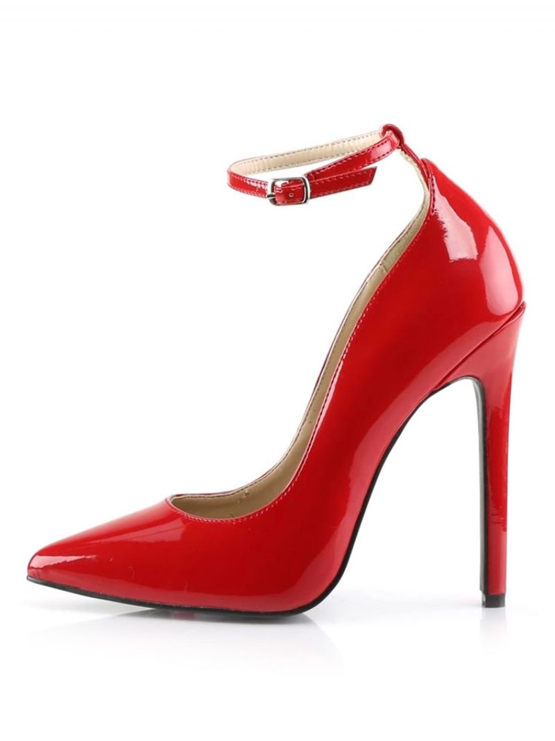 Frauen Sexy High Heels Knöchelriemen Schwarz Spitze Zehen Pailletten Pumpschuhe - Rot