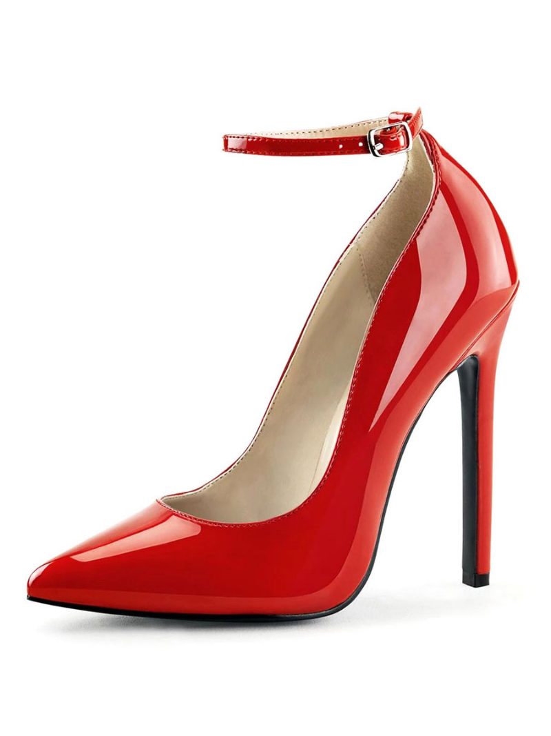 Frauen Sexy High Heels Knöchelriemen Schwarz Spitze Zehen Pailletten Pumpschuhe - Rot