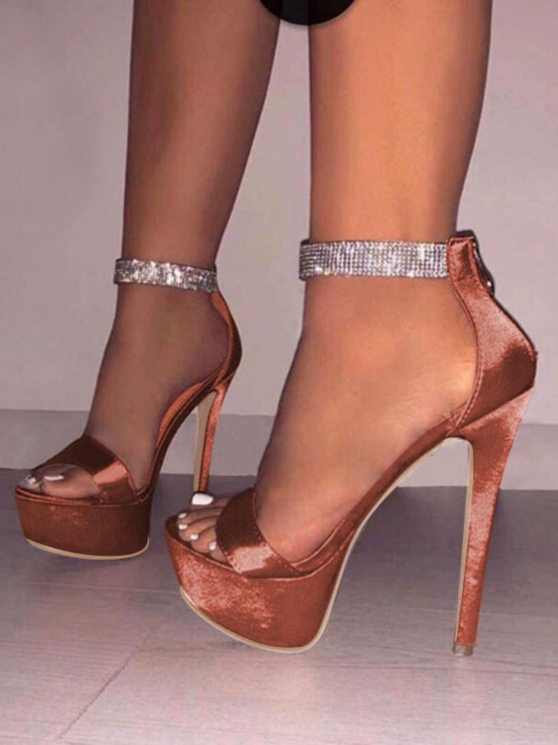 Frauen Sexy High Heels Satin Plattform Offene Spitze Strass Sandalen