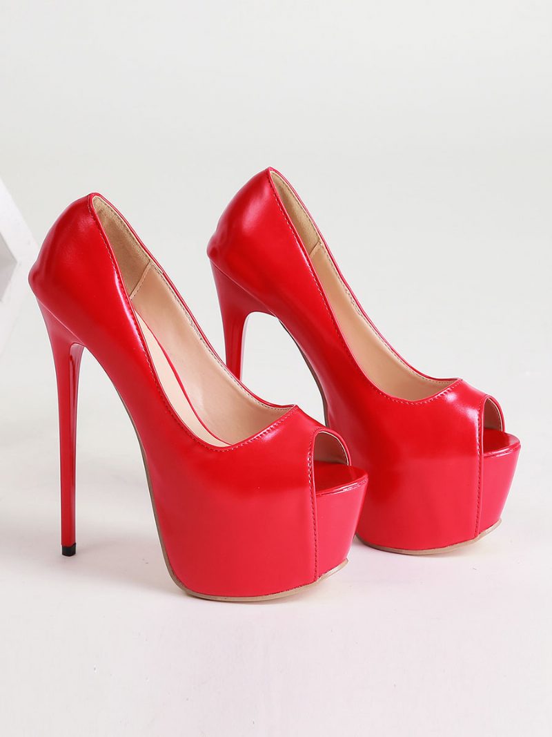 Frauen Sexy High Heels Stiletto Heel Peep Toe Pu Leder Rote Pumps - Rot