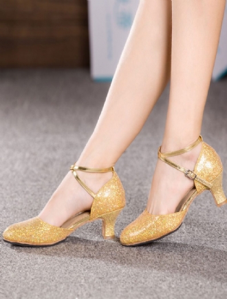 Goldfarbene Tanzschuhe Mit Riemen Und Glitzernden Schicken Absätzen Für Damen