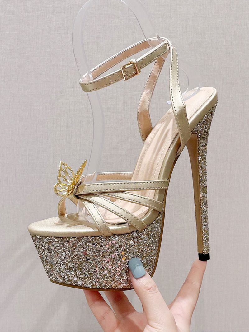 High Heel Sandalen Gold Pu Leder Peep Toe Prom Schuhe Frauen Party - Gold