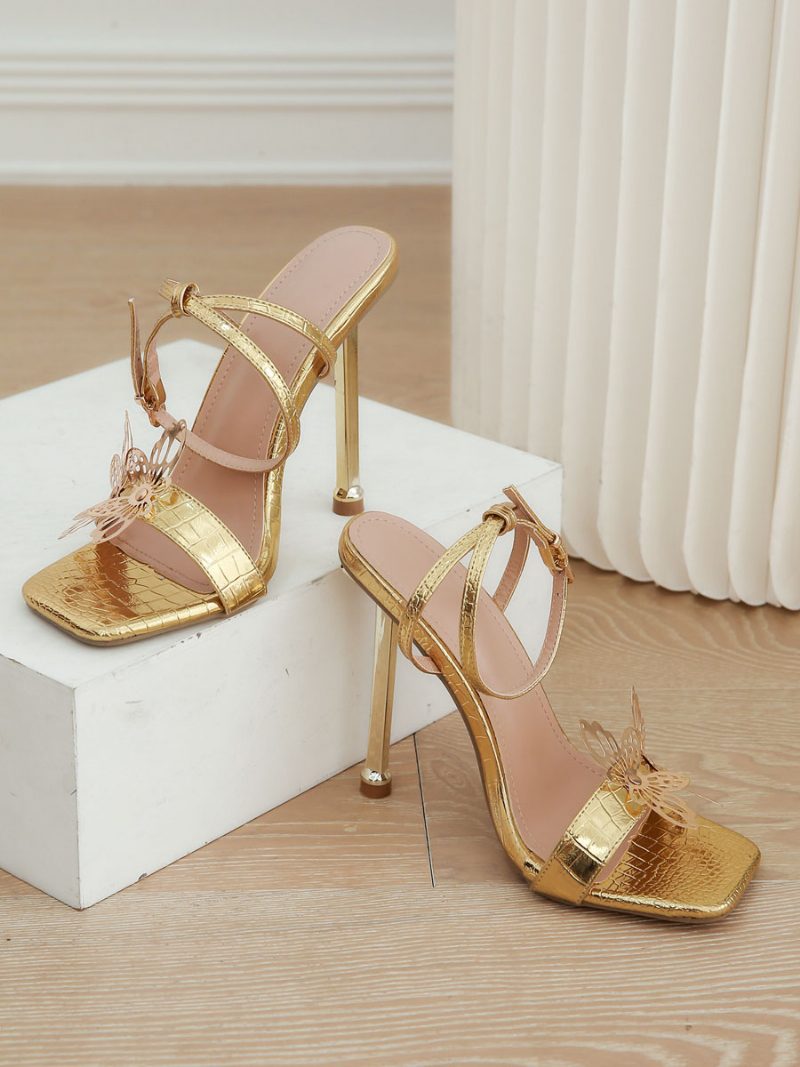 High Heel Sandalen Gold Pu Leder Square Toe Prom Schuhe Damen Party - Gold