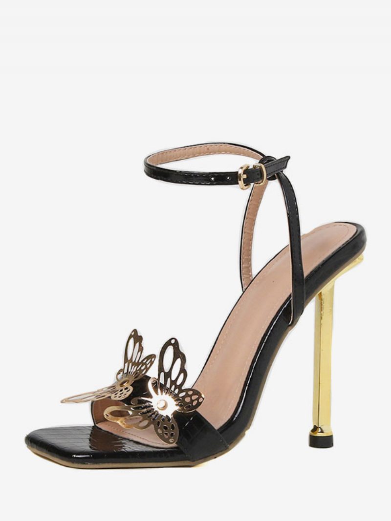 High Heel Sandalen Gold Pu Leder Square Toe Prom Schuhe Damen Party - Schwarz