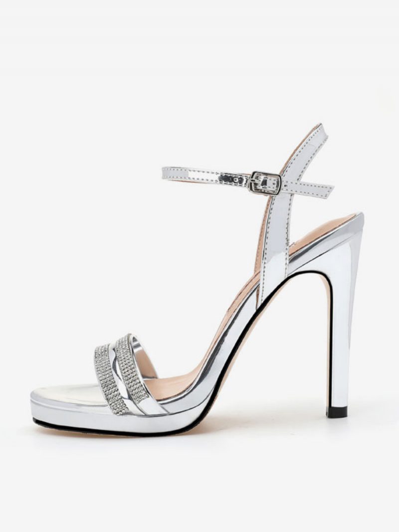 High Heel Sandalen Silber Pu Leder Offene Zehenketten Ballschuhe Damen Partyschuhe - Silber