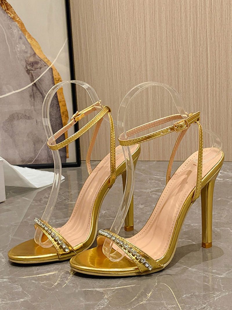 High Heel Sandalen Silber Pu Leder Runde Zehen Strass Prom Schuhe Damen Party - Gold