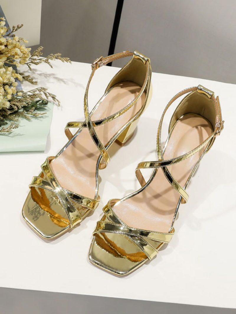 High Heel Sandalen Silber Pu Leder Square Toe Prom Schuhe Damen Party - Gold