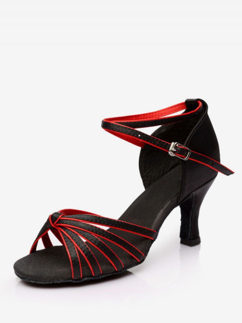 Lateinische Tanzschuhe Für Damen Aus Seide Und Satin Nackte Peep-toe-tanzschuhe - Schwarzrot