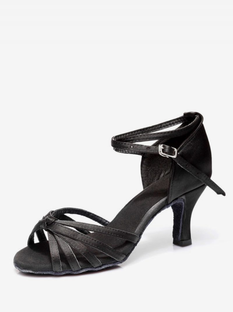 Lateinische Tanzschuhe Für Damen Aus Seide Und Satin Nackte Peep-toe-tanzschuhe - Schwarz