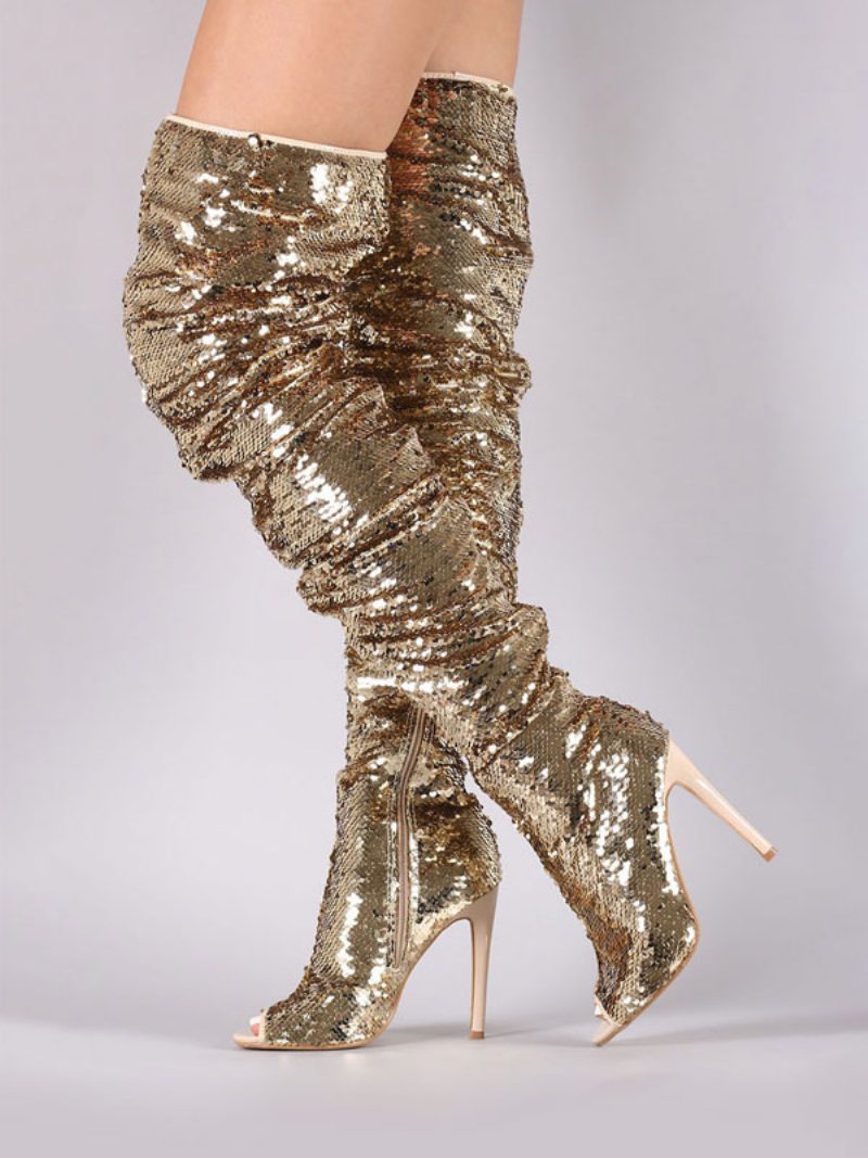 Oberschenkelhohe Damenstiefel Mit Pailletten Overknee-stiefel Peep-toe-high-heel-sexy-stiefel - Gold