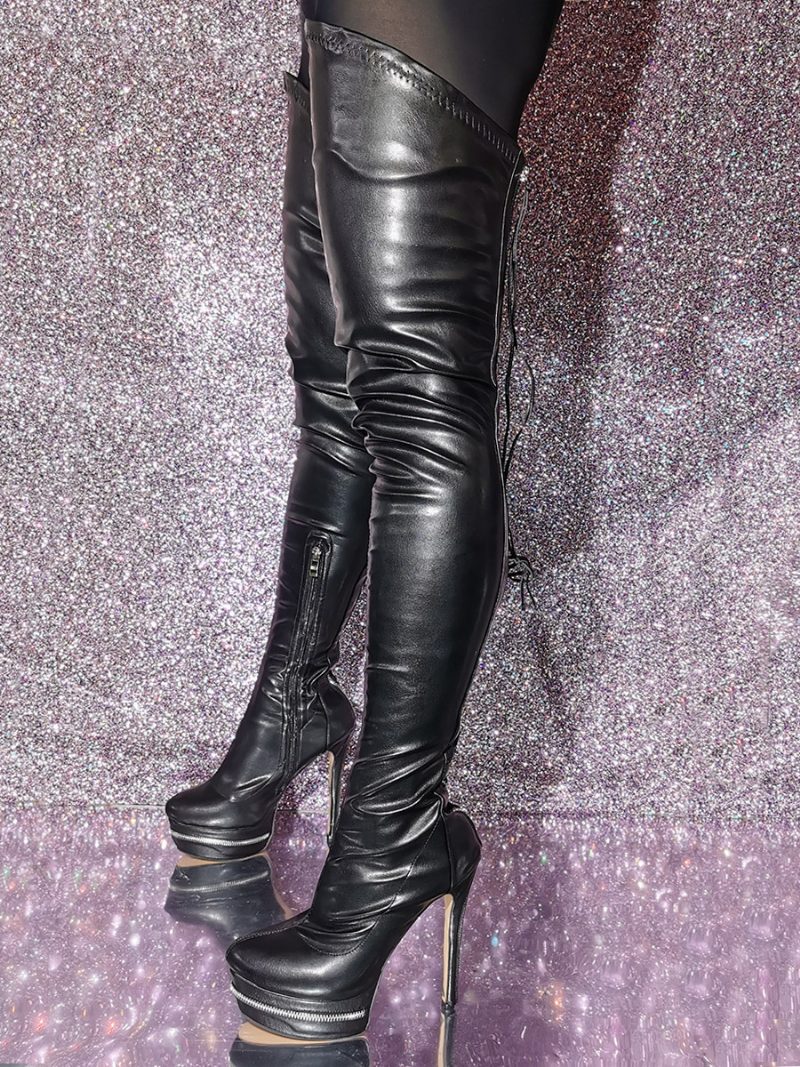 Overknee-stiefel Für Damen Runde Zehenpartie Stiletto-absatz Pu-leder - Schwarz