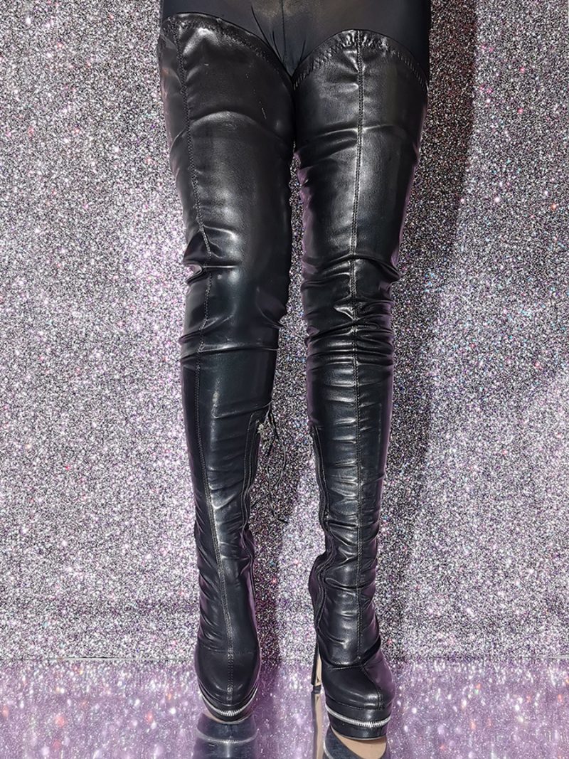 Overknee-stiefel Für Damen Runde Zehenpartie Stiletto-absatz Pu-leder - Schwarz