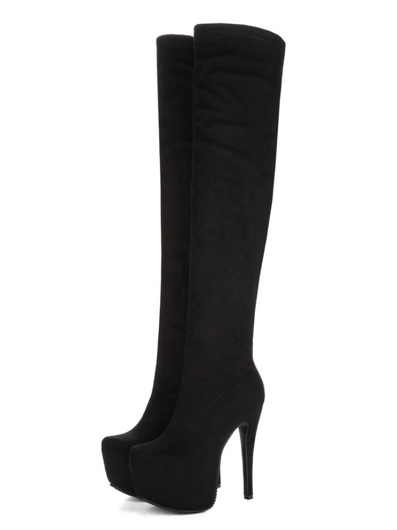 Overknee-stiefel Für Damen Sexy Schuhe Schwarze Plateau-stiletto-stretchstiefel - Schwarz