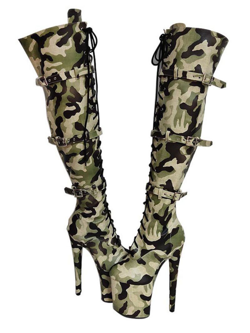 Pole Tanzschuhe Damen Camouflage Sexy Plateau Stiletto-absatz Overknee-stiefel Mit Schnallen