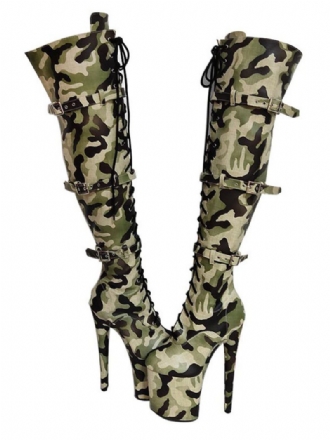 Pole Tanzschuhe Damen Camouflage Sexy Plateau Stiletto-absatz Overknee-stiefel Mit Schnallen