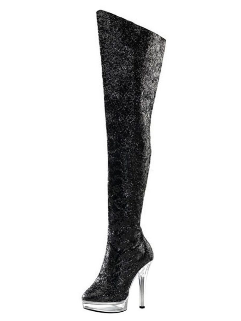 Pole Tanzschuhe Damen Glitzer Stripper Schuhe Plateau Stiletto Absatz Overknee Stiefel - Schwarz