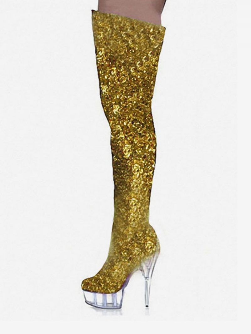 Pole Tanzschuhe Damen Glitzernde Stripper-schuhe Plateau Stiletto-absatz Overknee-stiefel - Gold