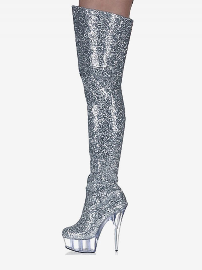 Pole Tanzschuhe Damen Glitzernde Stripper-schuhe Plateau Stiletto-absatz Overknee-stiefel - Silber