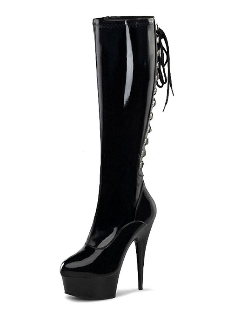 Pole Tanzschuhe Damen Plateau Schnürung Stiletto Absatz Sexy Kniehohe Stiefel - Schwarz