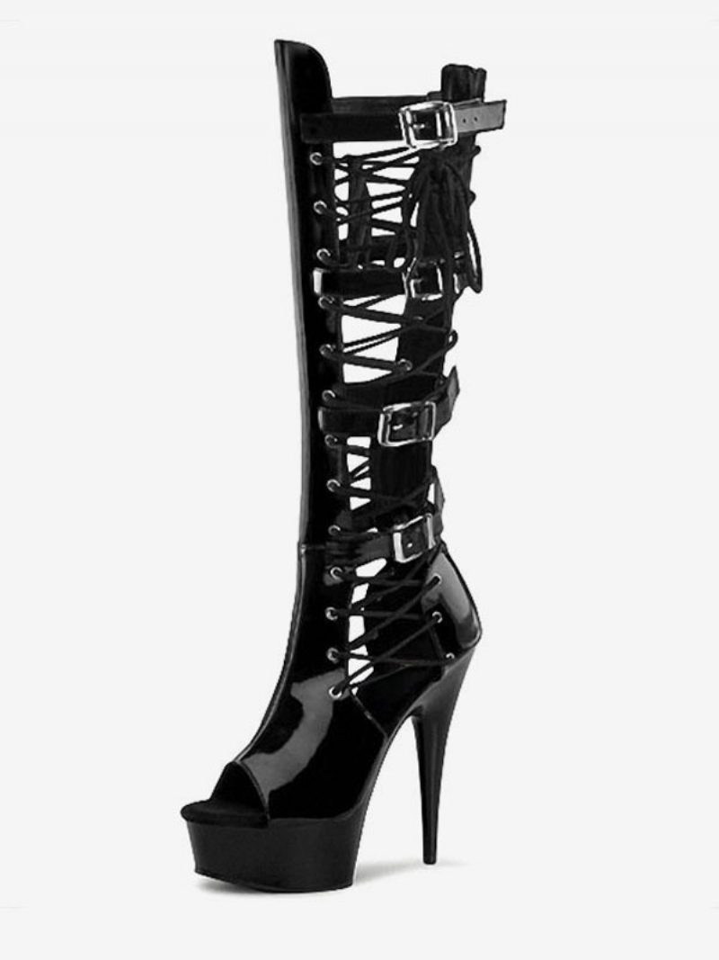 Pole Tanzschuhe Damen-schnürstiefel Mit Plateausohle Und Kniehohem Absatz Schwarz