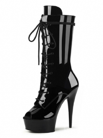 Pole Tanzschuhe Damen Sexy Lace Up Exotische Heels Plateaustiefel Stripper Schuhe Aus Schwarzem Lackleder