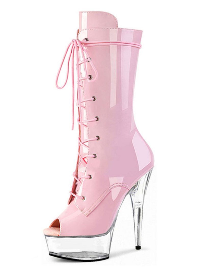 Pole Tanzschuhe Damen Sexy Lace Up Exotische Heels Plateaustiefel Stripper Schuhe Aus Schwarzem Lackleder - Rosa