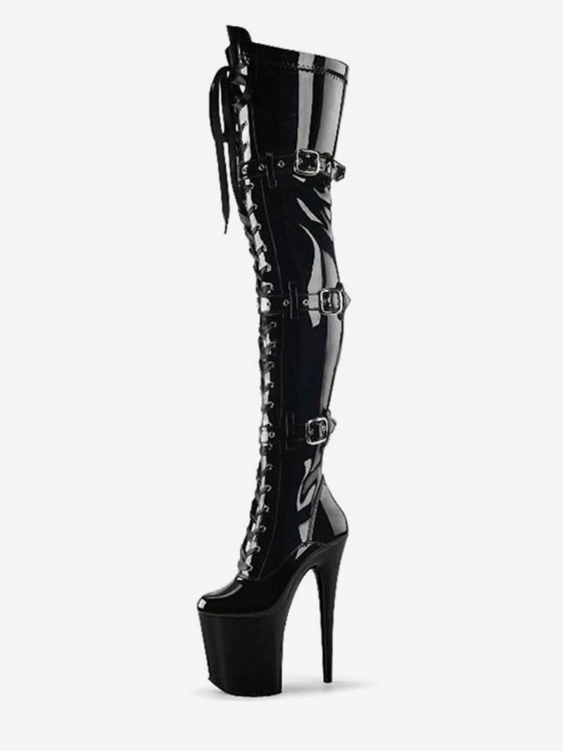 Pole Tanzschuhe Damen Sexy Oberschenkelhohe Stiefel Schnürschnallen Plateau Sky High Stiletto-absatz Schwarz