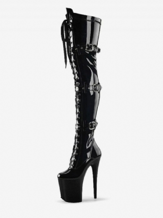 Pole Tanzschuhe Damen Sexy Oberschenkelhohe Stiefel Schnürschnallen Plateau Sky High Stiletto-absatz Schwarz