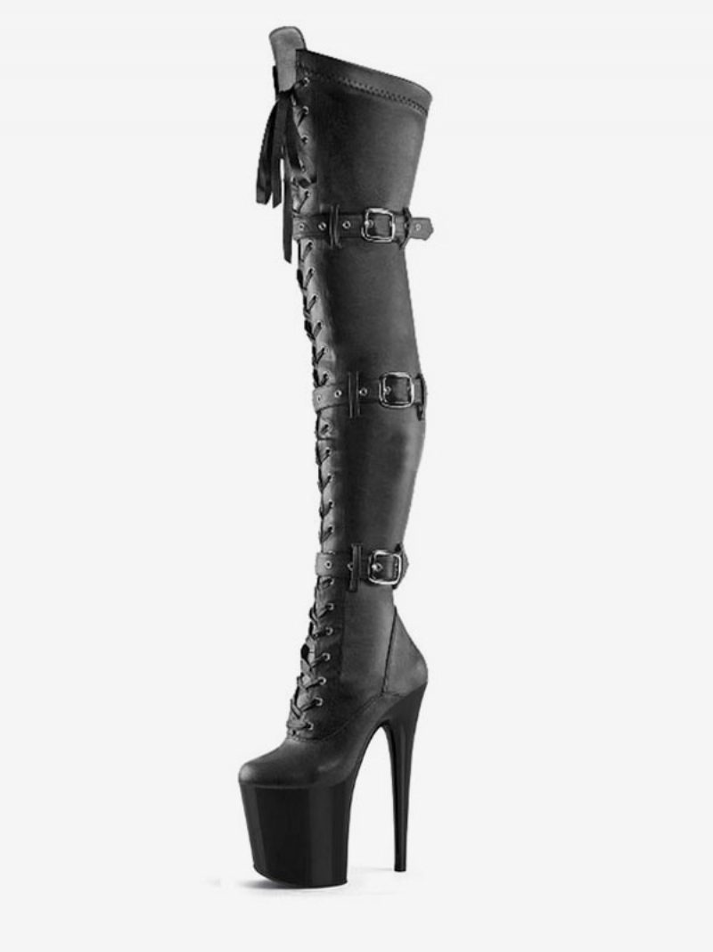 Pole Tanzschuhe Damen Sexy Oberschenkelhohe Stiefel Schnürschnallen Plateau Sky High Stiletto-absatz Schwarz - Tiefgrau