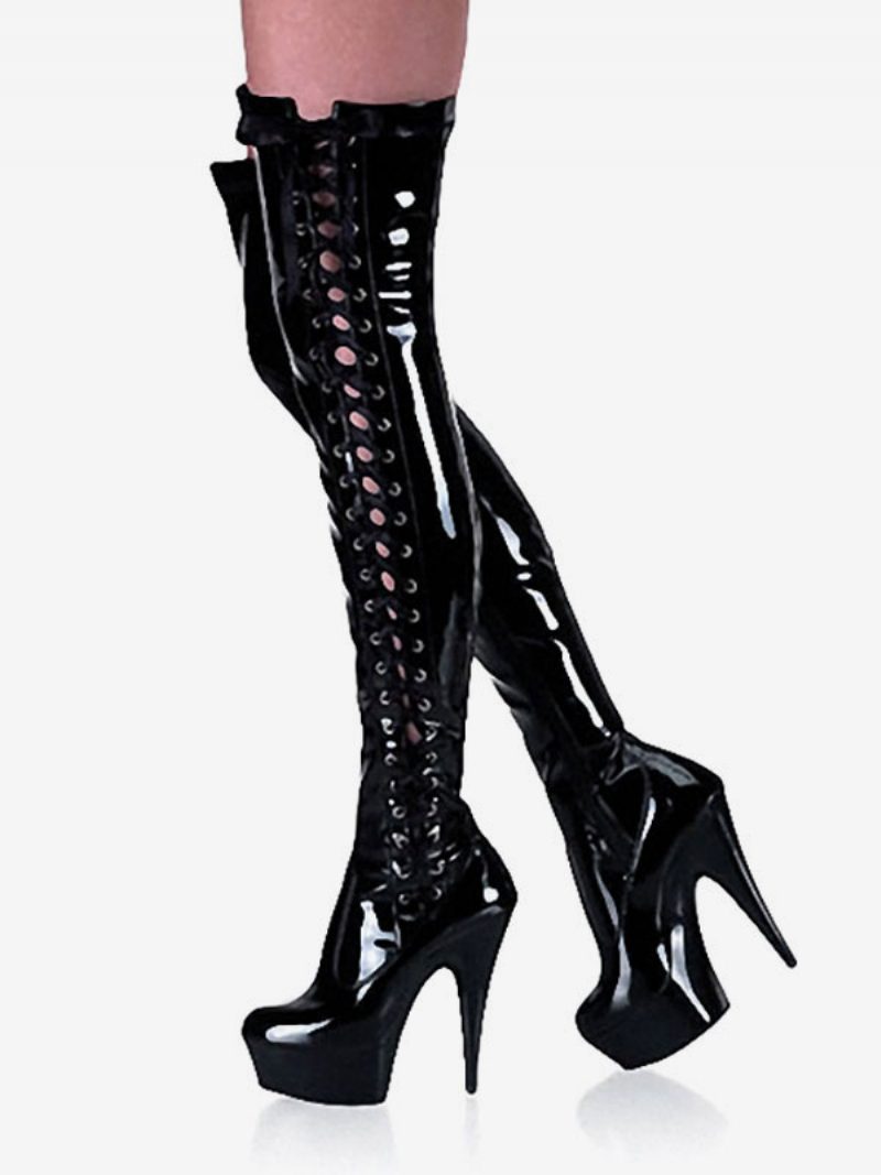 Pole Tanzschuhe Damen Sexy Oberschenkelhohe Stiefel Seitliche Schnürung Plateau Stiletto-absatz Schwarz