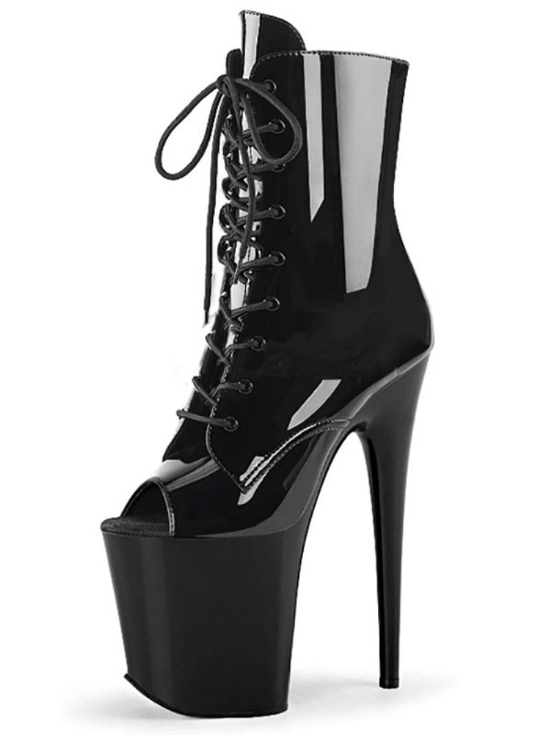 Pole Tanzschuhe Damen Sexy Peep Toe Stiefeletten Schnürung Plateau Stiletto Absatz - Schwarz