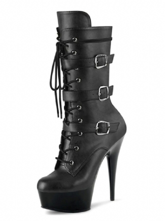 Pole Tanzschuhe Damen Sexy Plateau Schnürschnallen Stiefel Mit Exotischem Absatz Aus Schwarzem Veganem Leder