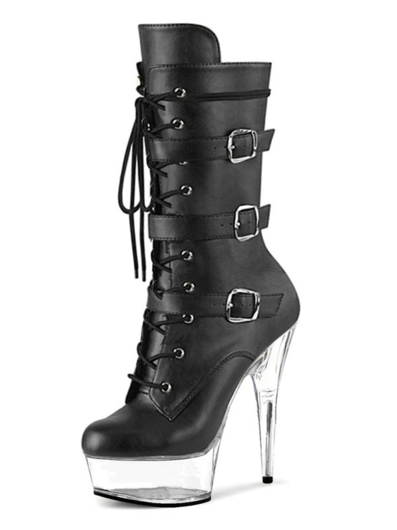 Pole Tanzschuhe Damen Sexy Plateau Schnürschnallen Stiefel Mit Exotischem Absatz Aus Schwarzem Veganem Leder - Transparent