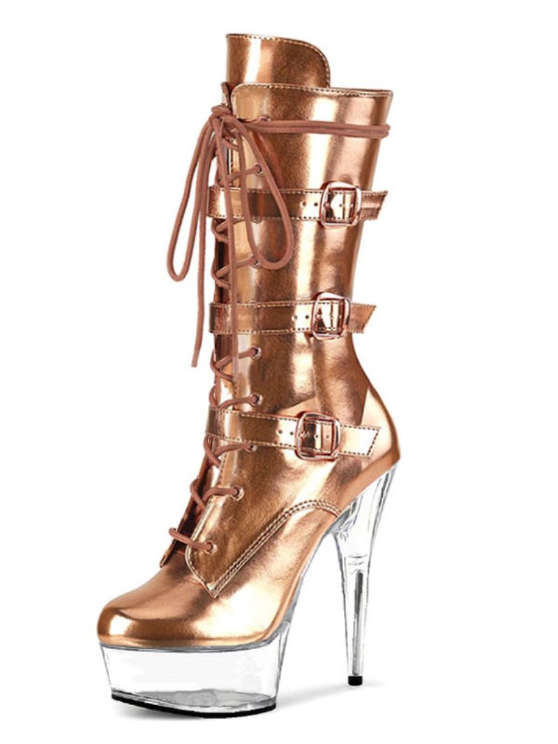 Pole Tanzschuhe Damen Sexy Plateau Schnürschnallen Stiefel Mit Exotischem Absatz Aus Schwarzem Veganem Leder - Gold