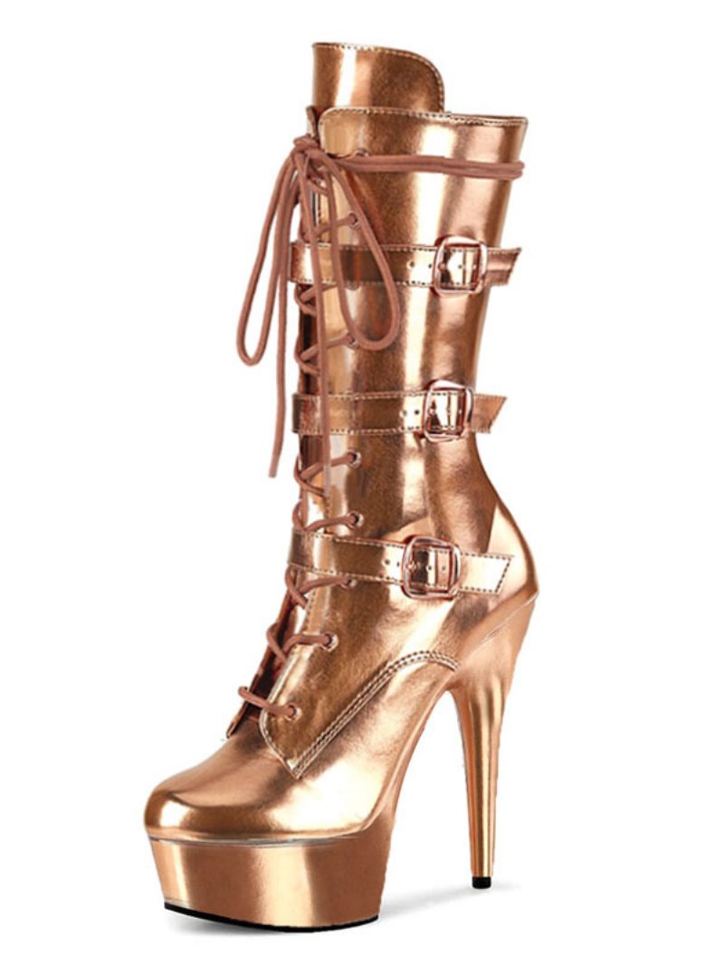 Pole Tanzschuhe Damen Sexy Plateau Schnürschnallen Stiefel Mit Exotischem Absatz Aus Schwarzem Veganem Leder - Golden