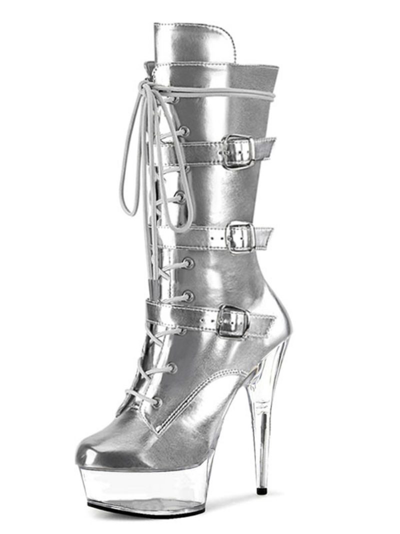 Pole Tanzschuhe Damen Sexy Plateau Schnürschnallen Stiefel Mit Exotischem Absatz Aus Schwarzem Veganem Leder - Silber